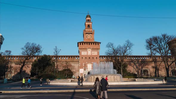 Sforza Castle (Castello Sforzesco) with people walking, Milan, Italy, hyperlapse, 4k