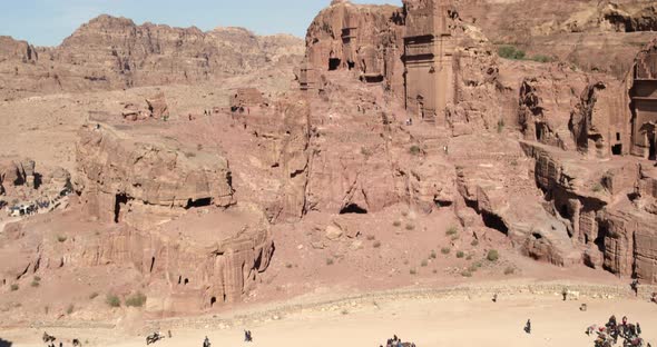 Rock cut architecture in desert landscape, Petra, Jordan