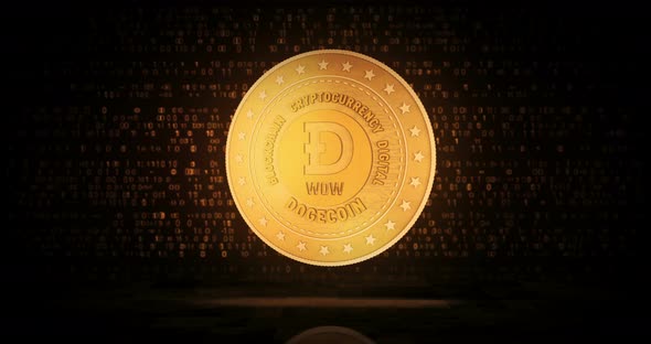 Dogecoin WOW cryptocurrency golden coin loop on digital background ...