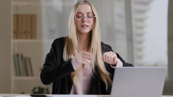 Active Happy Caucasian Business Lady Blonde Success Woman Moving Hands Beats Rhythm on Table Having alt