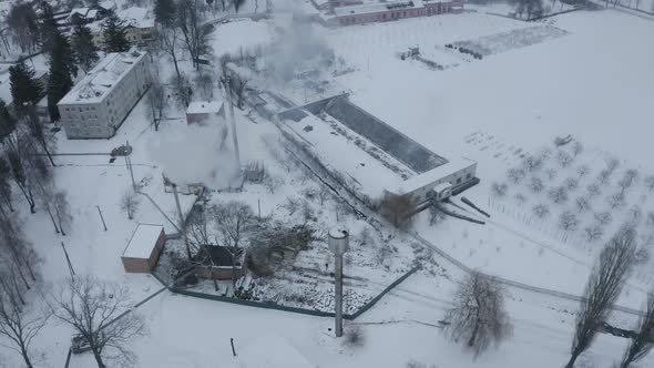 Aerial View Steam From Chimney Boiler Houses City Winter alt