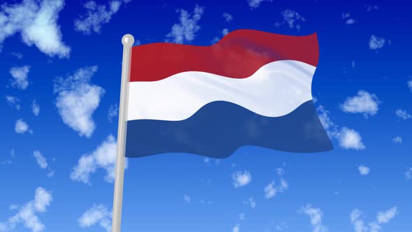 Netherlands National Flag Flying Wave In The Sky With Clouds alt