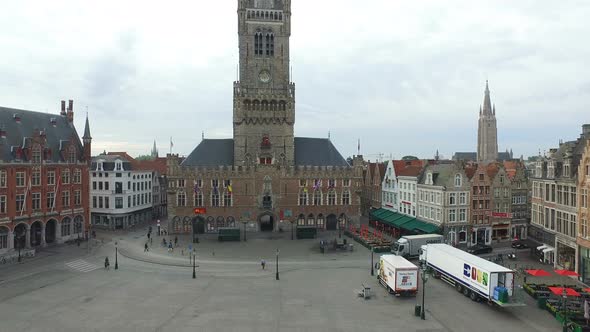Aerial view of Belfry of Bruges in Market Square