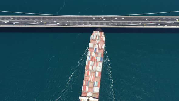 Aerial view of a container ship sailing the Marmara sea, Istanbul, Turkey. alt