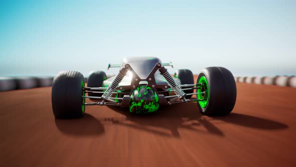 RC Car race on the sandy track. Loopable animation of a miniature model of buggy alt