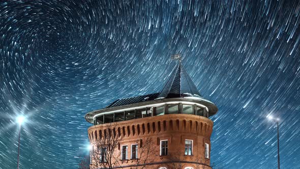 Night Stars Spiral Circle Trail Timelapse Red Brick Old City Water Tower