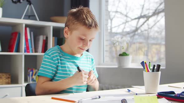 Boy is Doing  Homework at the Table. Cute Child is Learning at Home. alt