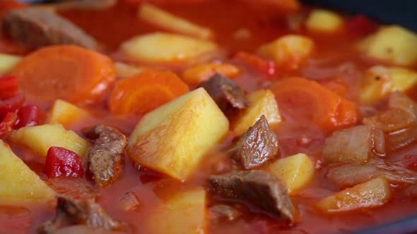 Beef Stew with Potatoes and Carrots in Red Pot Boils and Gurgles Closeup alt