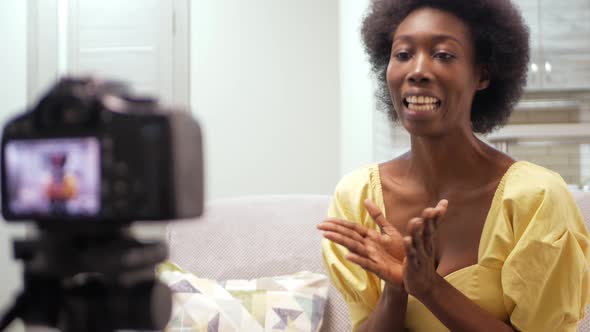 African American Black Woman Blogger Records Video on Channel Online Broadcast