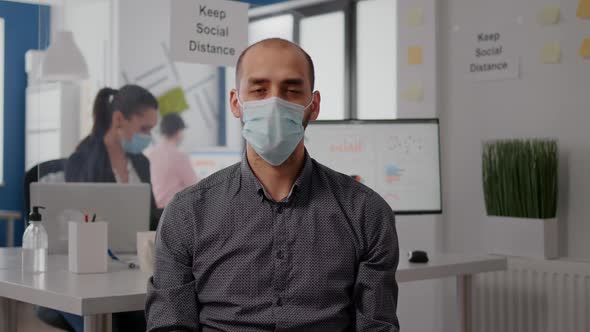 Pov of Freelancer with Protection Face Mask on Zoom Online Video Call Meeting alt