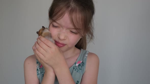 Little Cute Girl Holding a Hamster in Her Arms Playing with Him alt