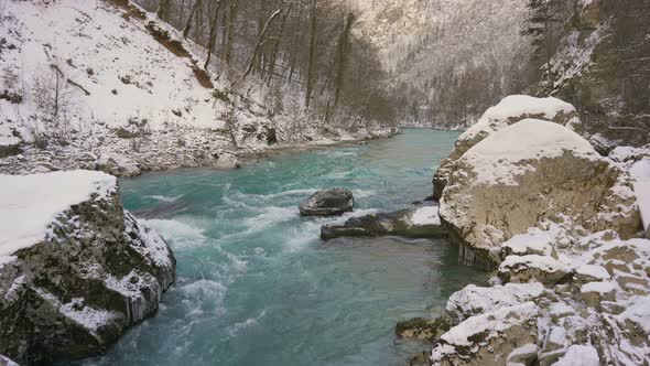 Picturesque Mountain River in Winter