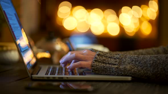 Working Remotely From Home. Woman Typing on Her Laptop During Covid19 Quarantine. Panoramic Shot  alt