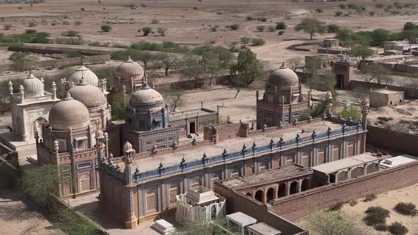 Aerial view of beautiful white marble Abbasi Mughal style mosque outside Derawar fort alt