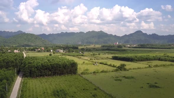 Landscape with Fields River Against Mountains Aerial View alt