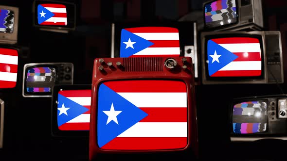 Flag of Puerto Rico and Retro TVs. 4K.