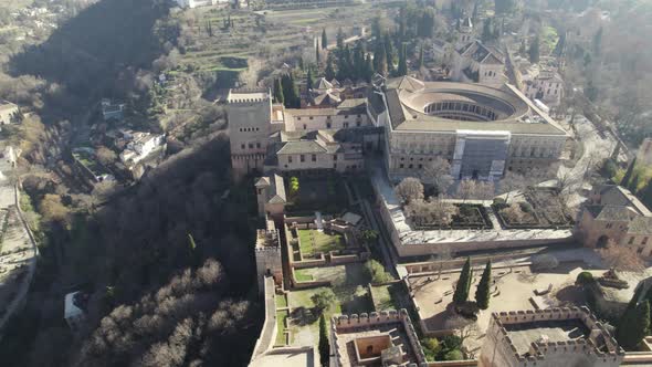Cinematic aerial of impressive palace fortress Alhambra, Granada, Spain
