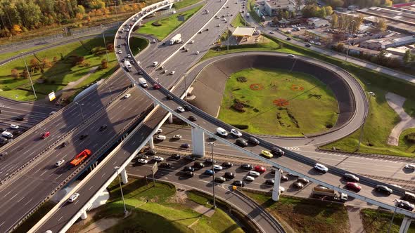 Aerial View of a Freeway Intersection Traffic Trails in Moscow alt