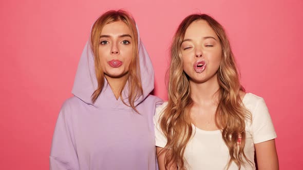 Two young funny smiling playful blond girls  alt