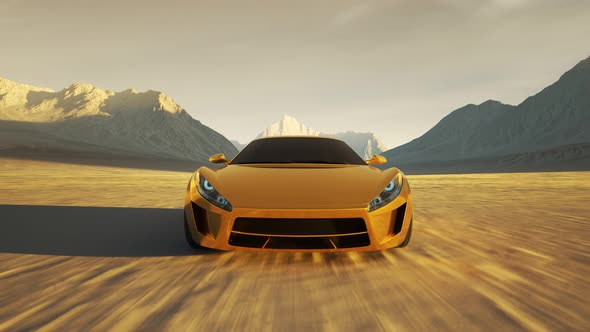 Concept car racing through desert. Fast spinning wheels automobile. Sunset 4K HD