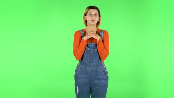 Girl with Wow Face Expression and Tender Smiling. Green Screen alt