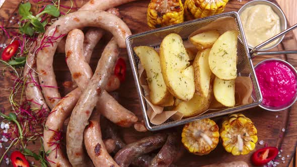 Grilled sausages and potato cooked for beer snack in bar alt