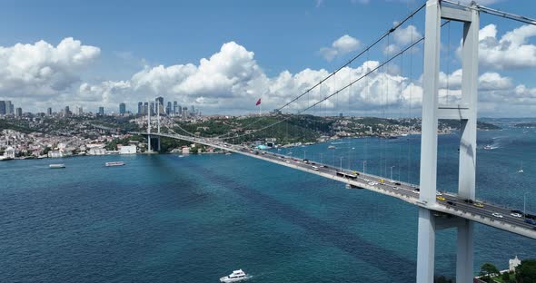 Istanbul Bosphorus Bridge and City Skyline in Background with Turkish Flag at Beautiful Sunset alt
