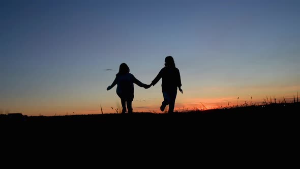Slow motion Happy family mom and daughter in the field at sunset. alt