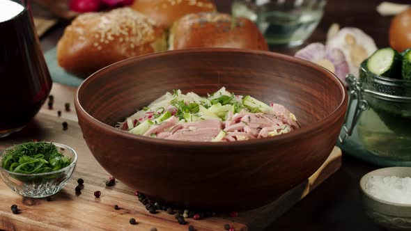 Sprinkling Greenery Dill and Parsley Into Salad Closeup Cooking Okroshka Summer Cold Soup alt