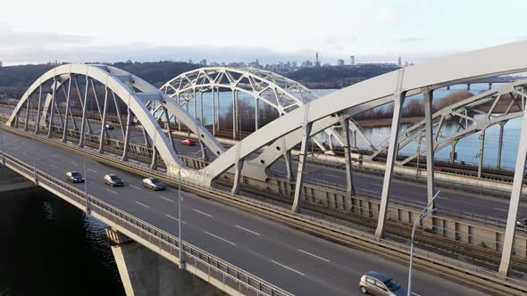 Aerial View of the Dnieper River With Bridges. Darnitskii Bridge