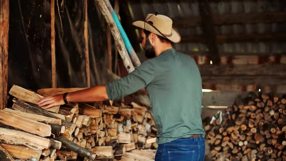 Farmer Working On Farm Ranch. Happy Cowboy Countryside Farmland. Horseman On Work alt