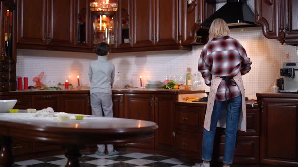 Wide Shot Back View of Young Mother Cooking As Little Son Washing Dishes alt