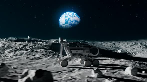 Planetary rover going through a moon landscape. Planet Earth in background. alt