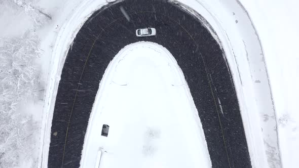Aerial Drone Top View Nature Winter Landscape Serpentine Road White Car Drive alt