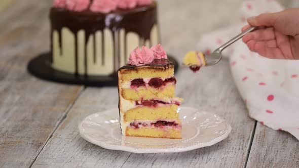 Piece of Homemade Vanilla Cherry Cake with Cream