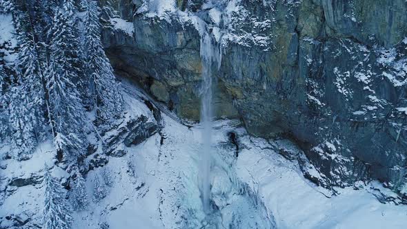 Waterfall in Slow Motion in Winter Landscape