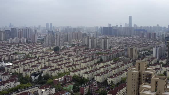 Aerial pan footage with a shanghai city view during the lockdown alt
