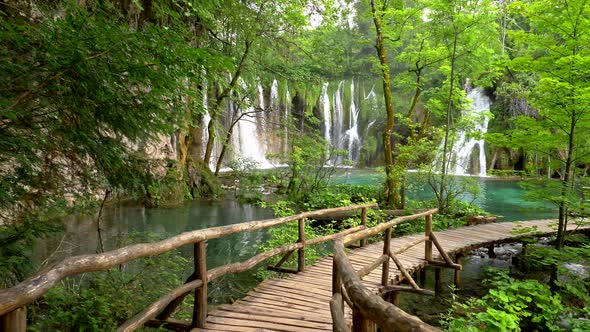 Plitvice Lakes National Park, Croatia, Europe. Walking on Boardwalk in Plitvice Lakes with Turquoise alt
