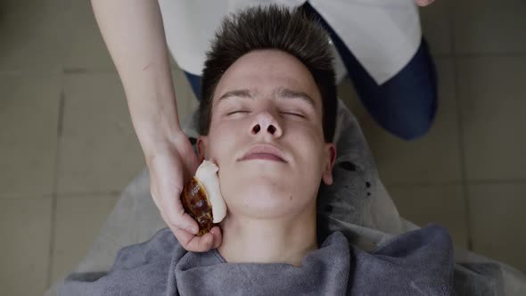 Man Receiving Skin Rejuvenation with Facial Massage with Snails at Beauty Salon alt