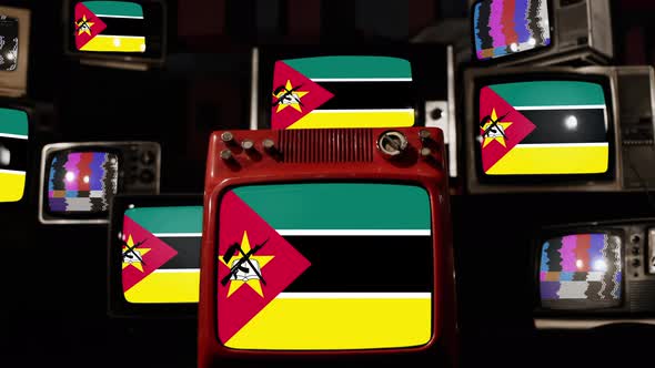 Flag of Mozambique on Retro TVs. 4K.
