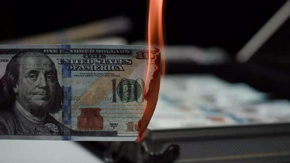 Burning American Hundred Dollar Banknotes Flame of Fire From Money alt