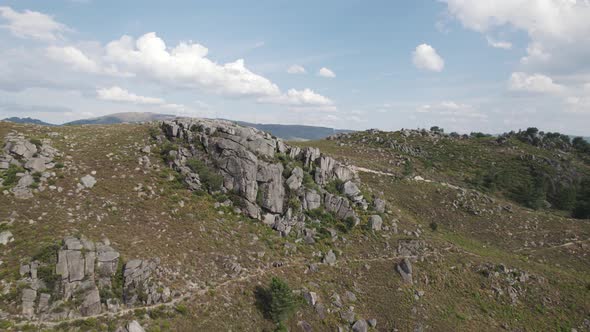 Hiking trails along rocky landscape of Peneda-Gerês National Park. Aerial view