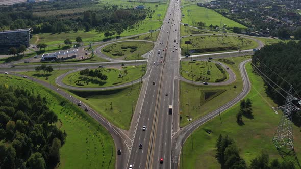 Top View of the Ring Road and the Fork with Cars in the City of Minsk