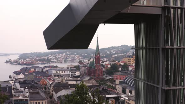 Aerial View Of Arendal Townscape From The Viewpoint In Floyheia Park In Norway. alt
