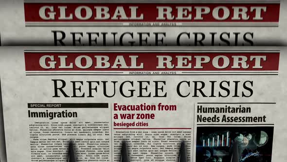Refugee crisis and humanitarian aid newspaper printing press alt