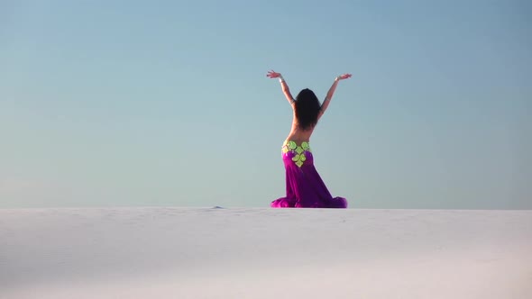 Graceful Dancer Against the Sky Dancing Belly Dance in a Brilliant Outfit. Slow Motion alt