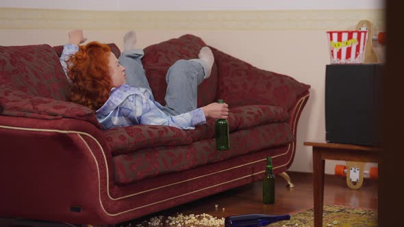 Drunk Retro Woman Waking Up in Room with Empty Beer Bottles in 1970s 1980s alt