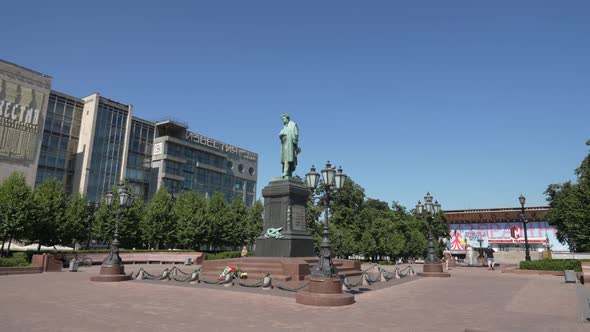 Moscow Russiaaugust 2021 Monument to Poet Alexander Pushkin on Pushkin Square in Moscow on a Bright