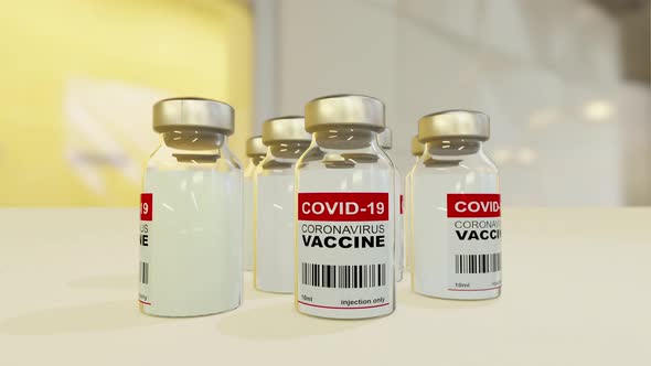 Coronavirus Covid-19 Vaccine Bottles looped seamless rotations on laboratory background alt