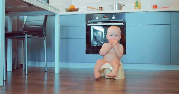 Cute Naked Little Baby Sitting on a Pot at Home alt